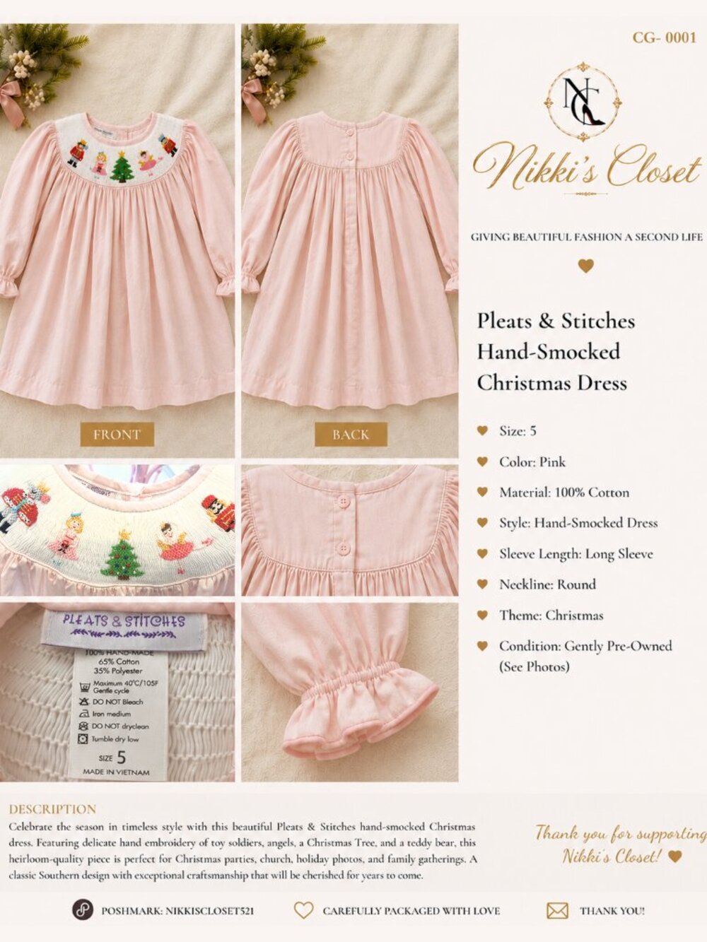 Pleats & Stitches Hand-Smocked Christmas Dress